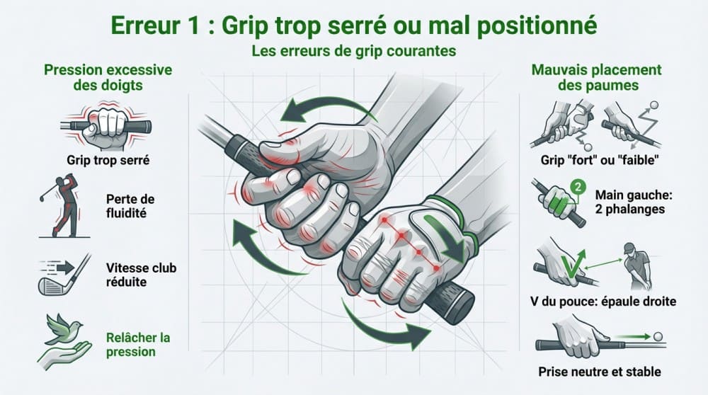 Schéma d'une des erreurs practice de golf pour débutant avec l'ajustement du grip de golf sur un tapis de practice