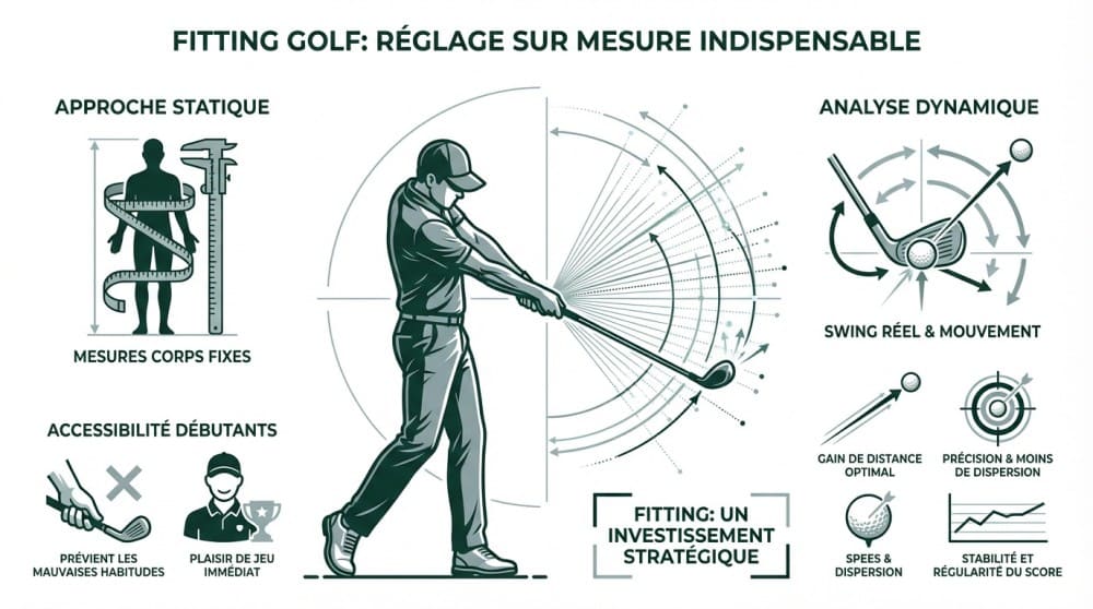 Infographie explicative sur le fitting golf. Détaille mesures statiques, analyse dynamique du swing, et avantages pour golfeurs débutants.