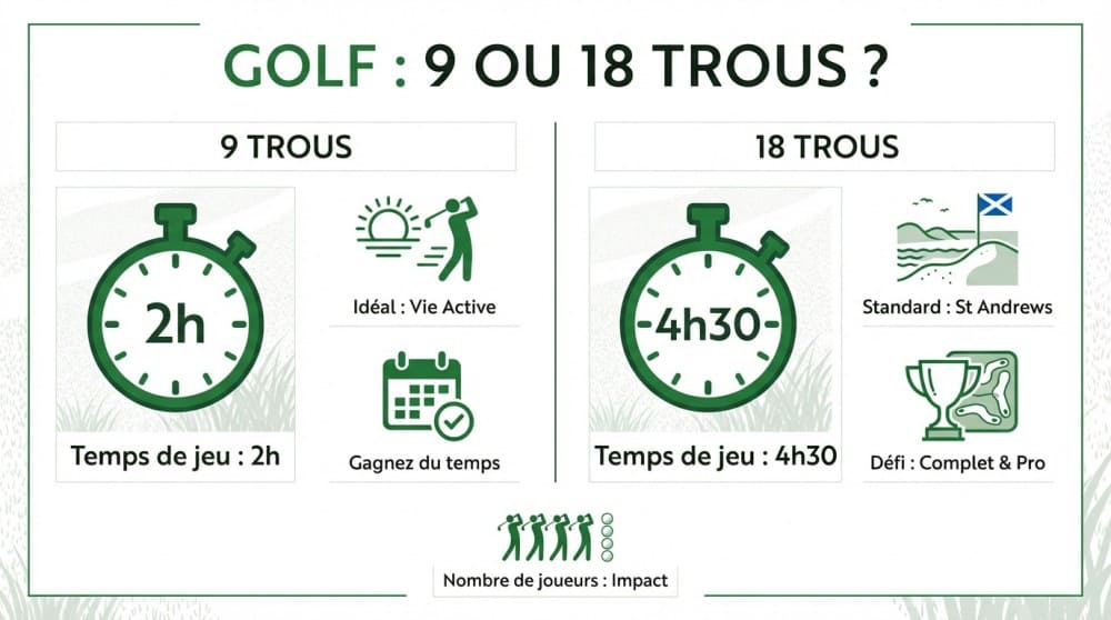 Schéma détaillé d'une comparaison entre un parcours de golf 9 trous ou 18 trous