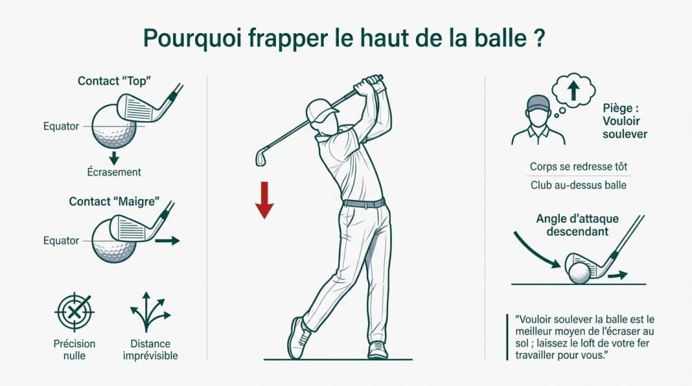 Golfeur en plein swing démontrant comment ne pas toper la balle au golf avec un bon contact