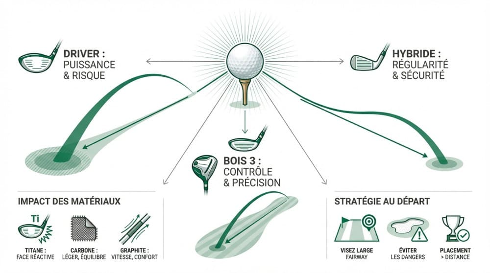 Golfeur sélectionnant son club sur le tee de départ pour optimiser son choix de club de golf par distance