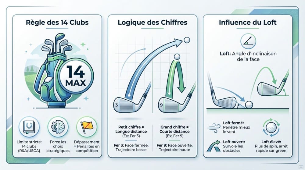 Schéma détaillé pour choisir l'utilisation des différents clubs de golf dans un sac sur le parcours