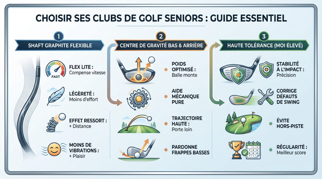 Infographie détaillée pour golfeur senior afin de choisir parmi les meilleurs clubs de golf pour seniors un club adapté avec shaft graphite et tête tolérante