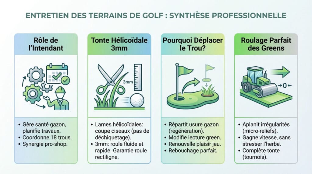 Infographie expliquant l'entretien d'un parcours de golf professionnel avec une tondeuse hélicoïdale de précision