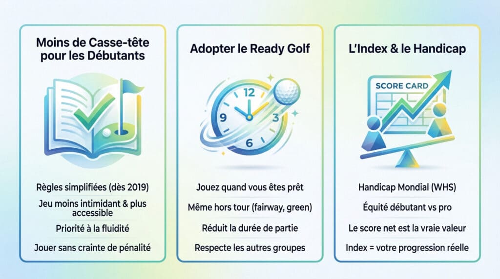 Infographie expliquant les simplifications des règles du golf 2023 pour les débutants