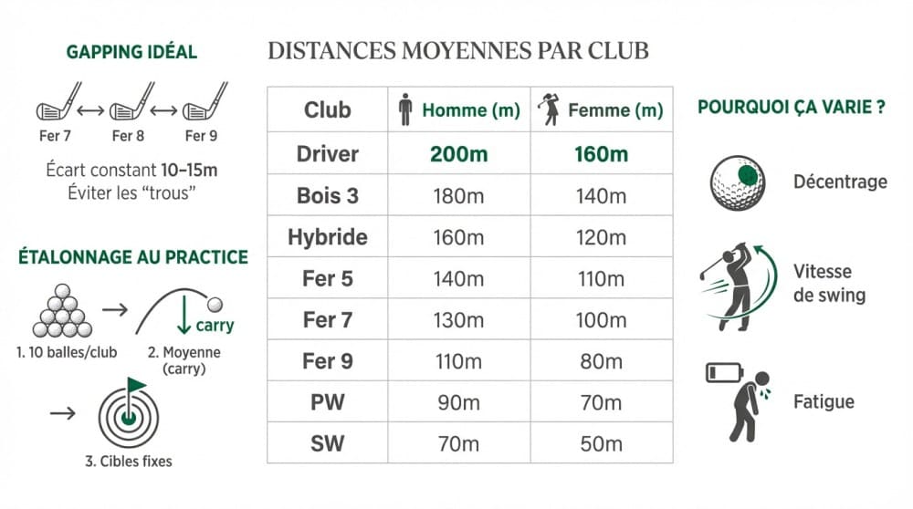 Infographie détaillant les distances moyennes au golf pour les hommes et les femmes selon le club utilisé pour faire le choix de club de golf par distance