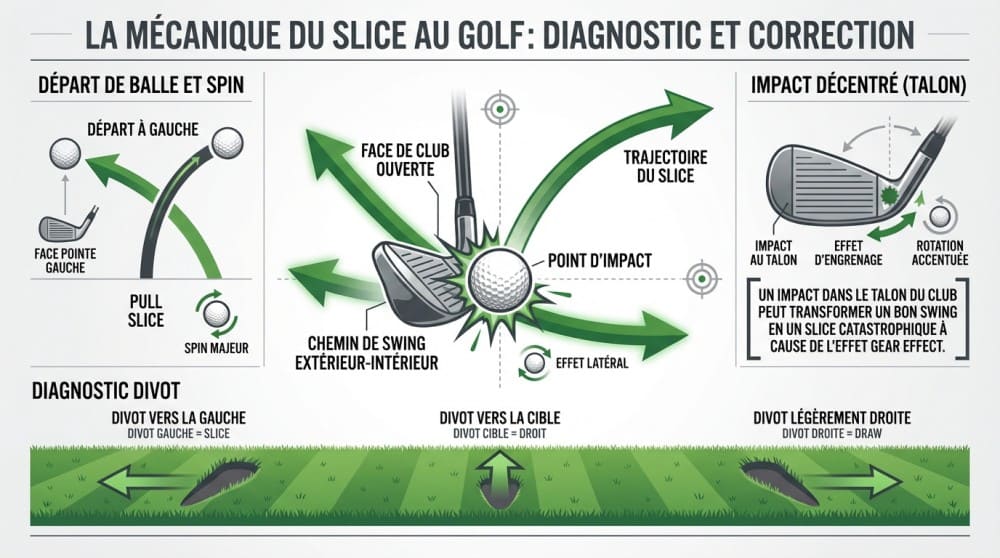 Schéma technique expliquant la trajectoire d'un slice au golf avec le chemin de club et l'orientation de la face pour corriger le slice au golf