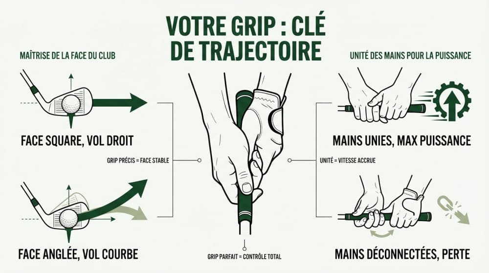 Schéma montrant en détail le positionnement des mains sur un club de golf pour une prise de grip au golf parfaite