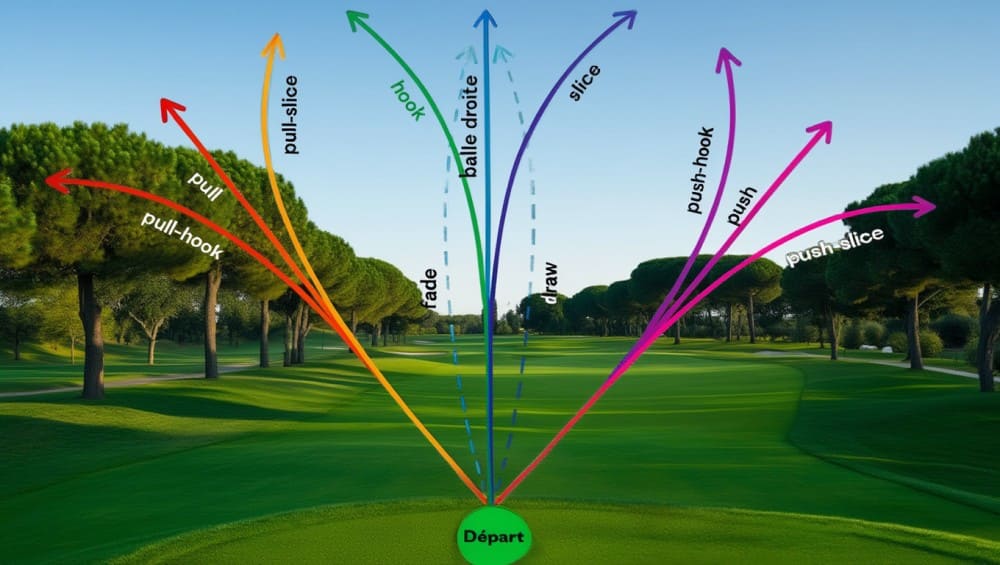 Vue en détail des 9 effets possibles au golf avec en pointillés le fade et le draw au golf