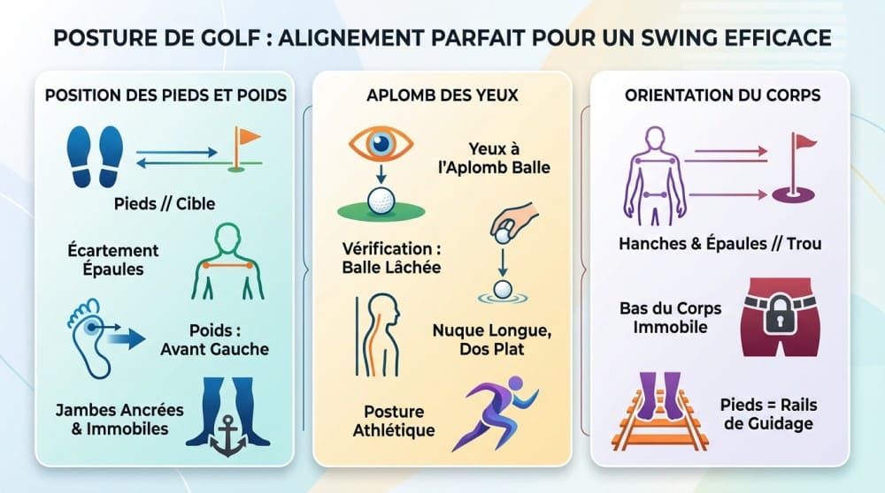 Schéma représentant la posture à adopter pour effectuer un bon putting au golf