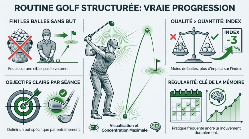 Infographie pour un golfeur afin de s'entraîner avec une routine au golf pour progresser sur un practice