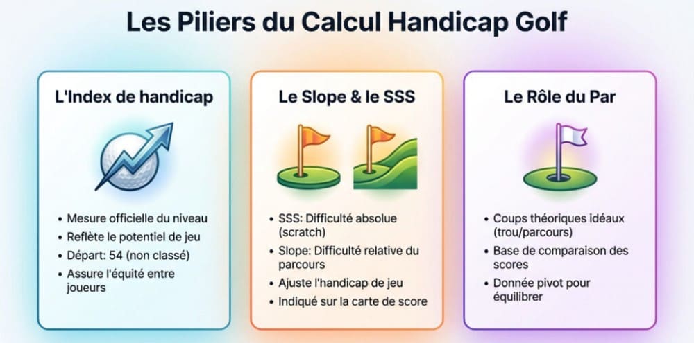 Schéma informatif détaillé expliquant les pliliers du calcul handicap golf