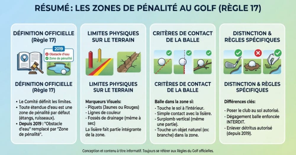 Schéma des zones à pénalité avec un résumé visuel des règles et options de dégagement pour une zone de pénalité au golf selon la Règle 17