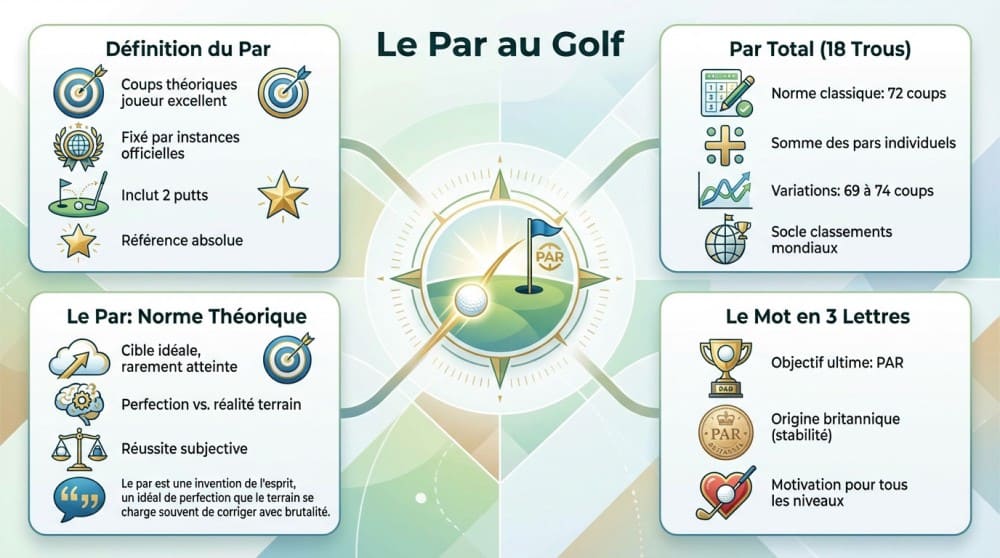 Schéma détaillé pour expliquer le score idéal au golf avec définition du par total et théorie