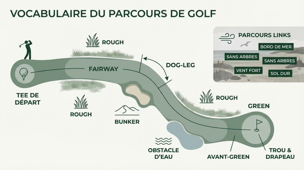 Schéma pédagogique de vocabulaire golf débutant des différentes zones d'un terrain de golf pour les golfeurs amateurs