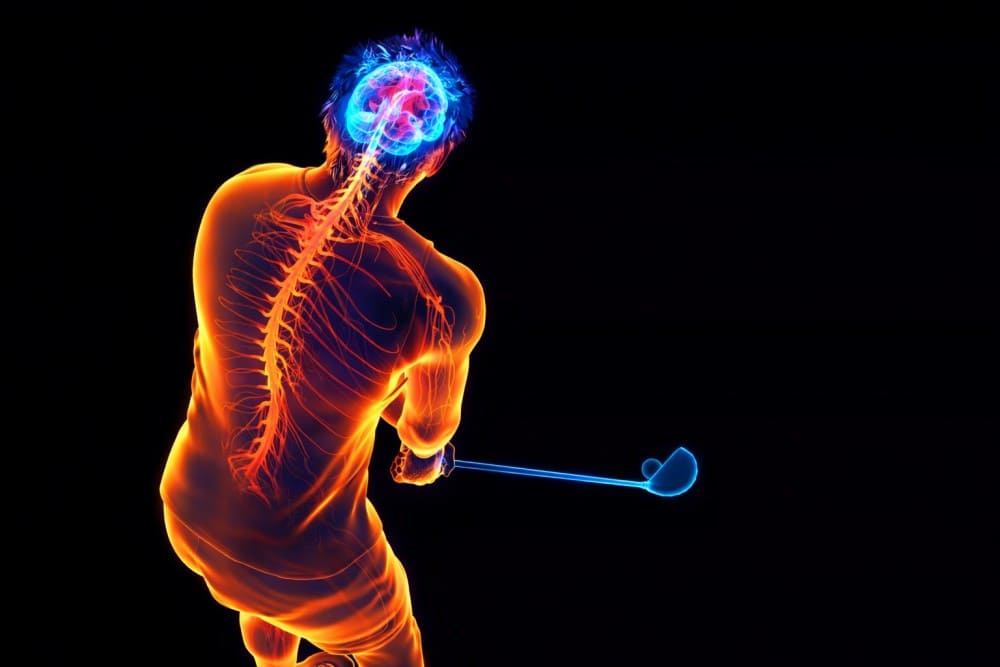 Image détaillée en 3D d'un golfeur utilisant son cerveau droit et gauche au golf pendant son swing