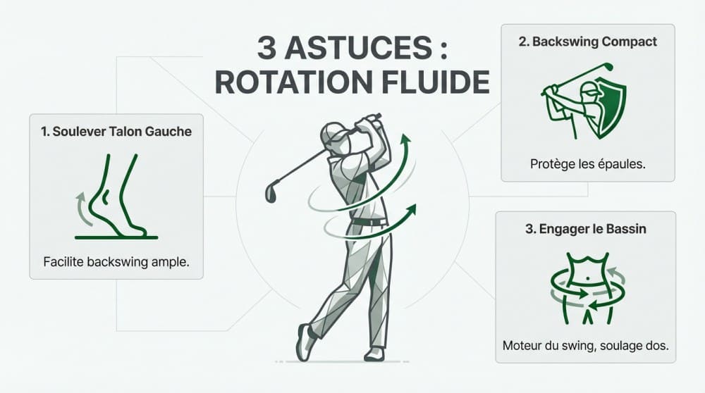 Schéma d'un golfeur senior effectuant une rotation fluide du bassin pour un swing golf senior efficace