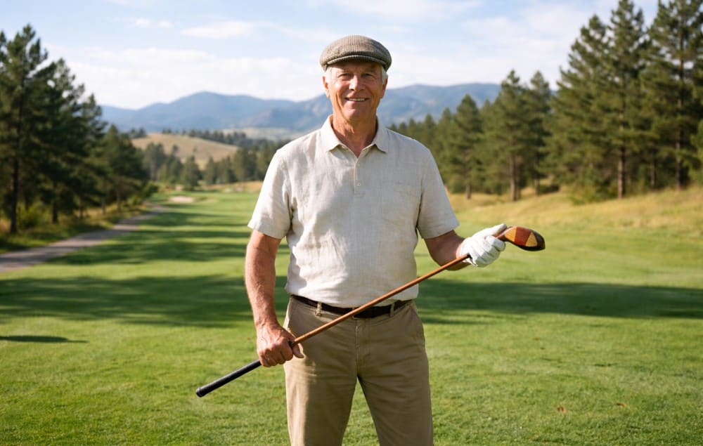 Présentation d'un golfeur senior à un cours de golf débutant