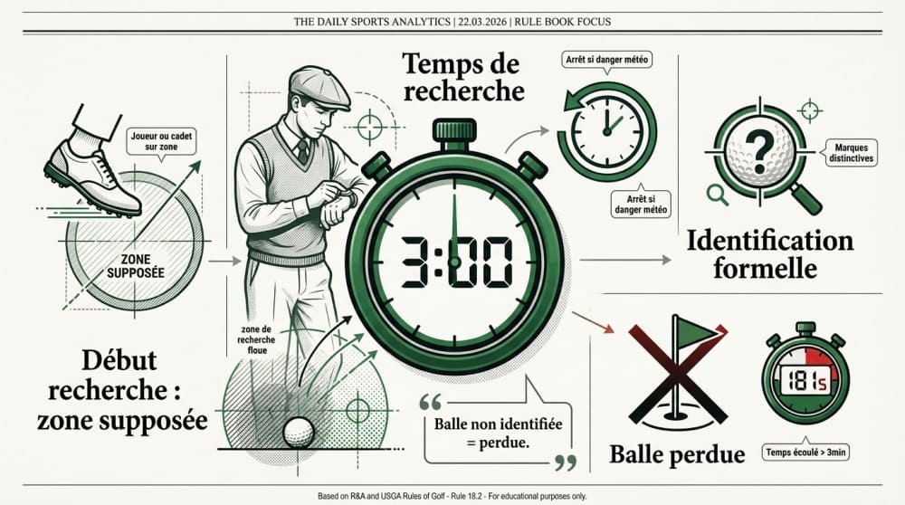 Infographie expliquant ce qu'est une balle perdue au golf et le règlement de la recherche de balle