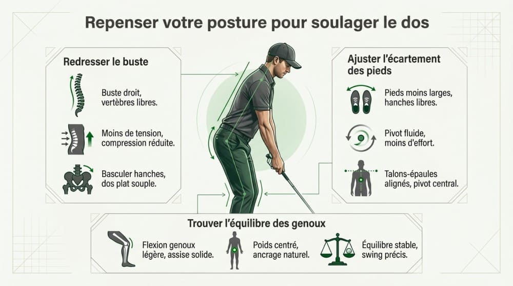 Infographie d'une posture de swing golf senior adaptée pour protéger le dos et améliorer le swing