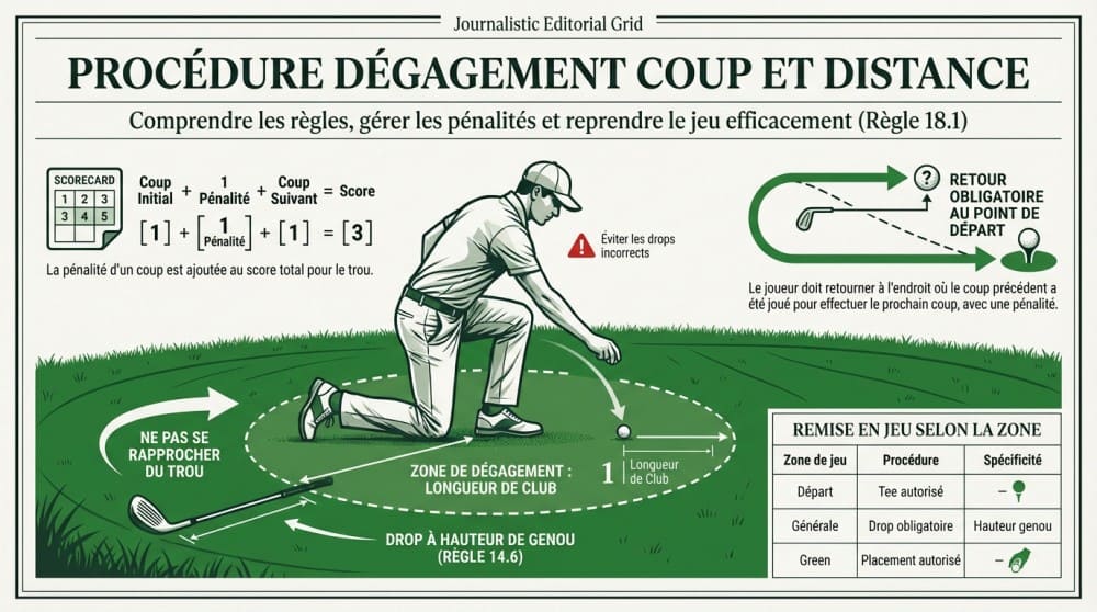 Schéma détaillé de la procédure de dégagement coup et distance d'une balle perdue au golf