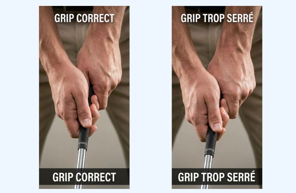 Photo expliquant le grip correct et le grip trop serré pour effectuer un bon swing golf débutant