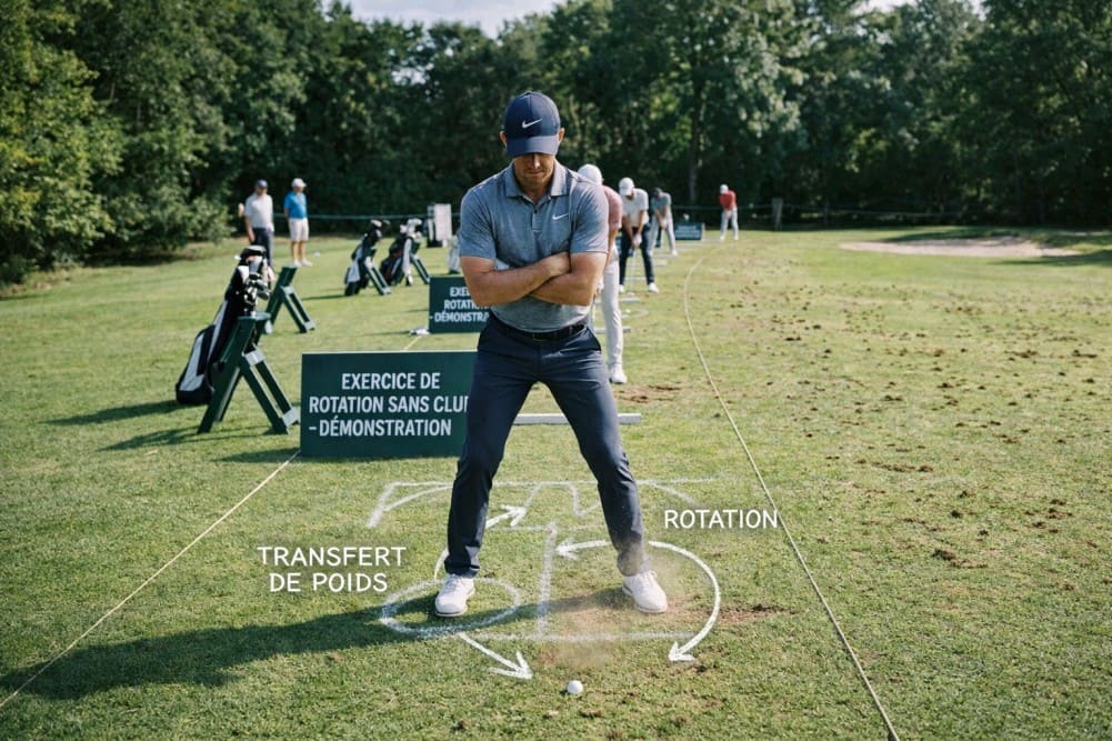 Coach expliquant un exercice de rotation et transfert de poids pour perfectionner le swing golf débutant