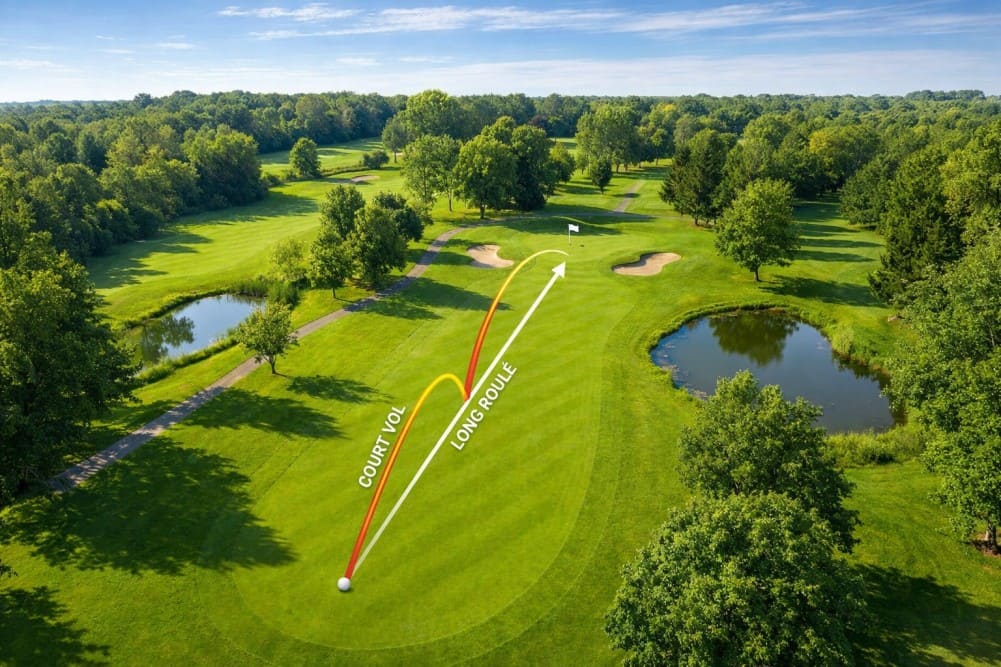 Image avec la trajectoire d'une approche roulée au golf représentée en couleur