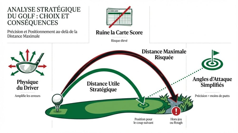 Schéma d'une analyse stratégique du choix du club de golf au départ du parcours pour définir une stratégie golf driver