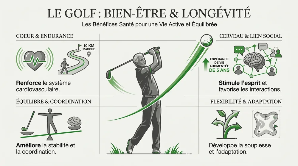 Infographie golf bien-être et longévité : bénéfices santé, coeur, cerveau et flexibilité pour les 50 ans