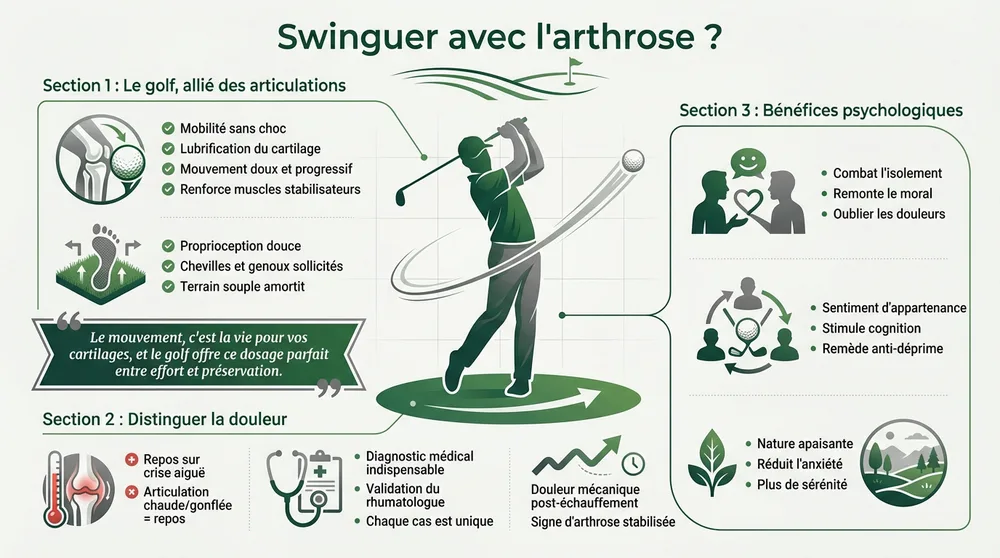 Infographie swinguer avec l arthrose, bienfaits du golf sur les articulations