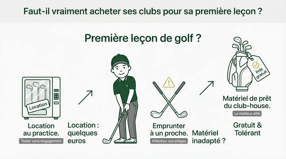 Infographie commencer golf sans matériel : location, emprunt ou prêt du club-house
