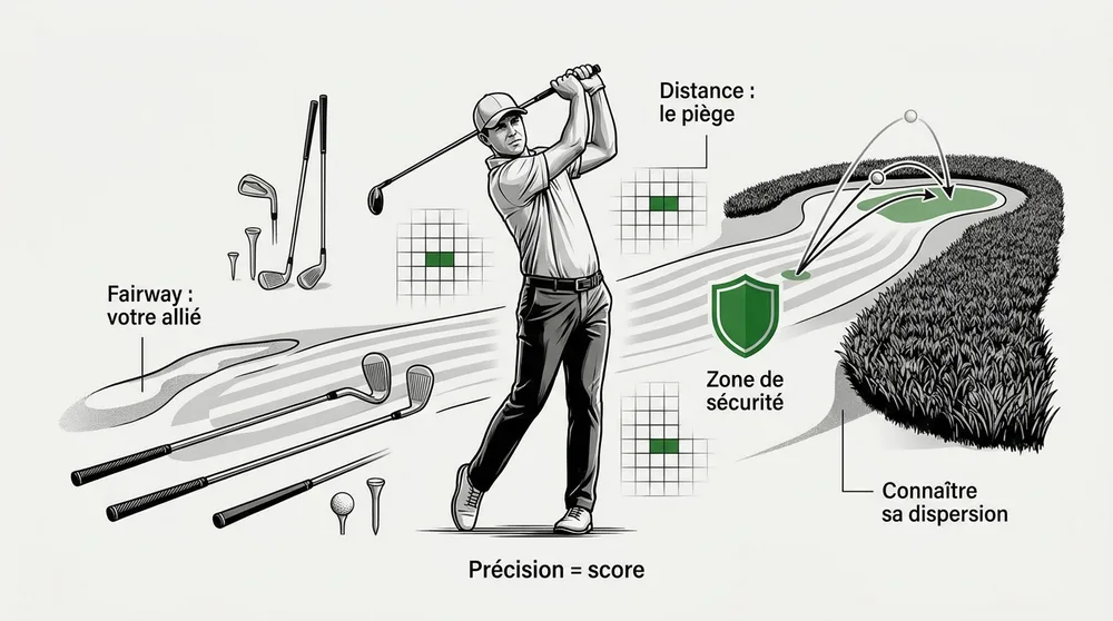 Infographie coup de départ golf : précision vs distance, zone de sécurité et connaissance de sa dispersion
