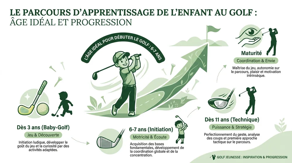Infographie parcours d'apprentissage de l'enfant au golf : baby golf dès 3 ans, initiation 6-7 ans, technique dès 11 ans