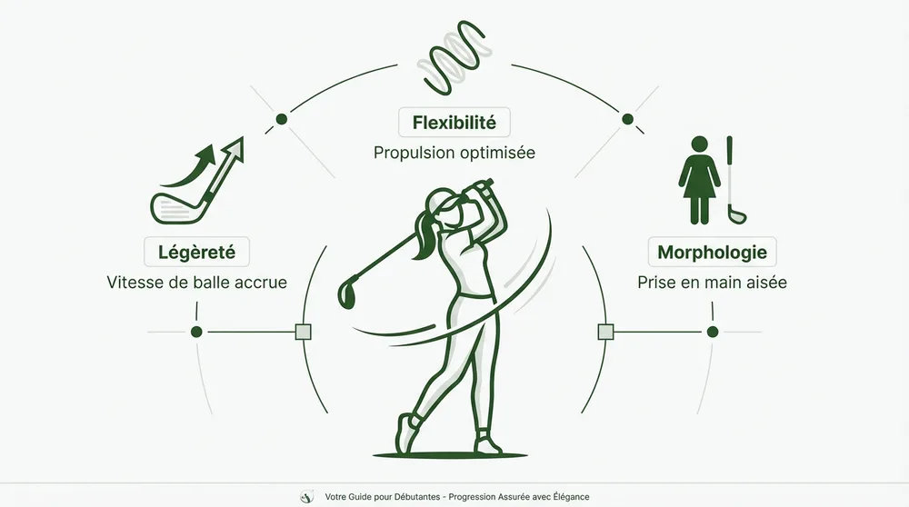Infographie golf femme débutante : légèreté, flexibilité et morphologie des clubs féminins