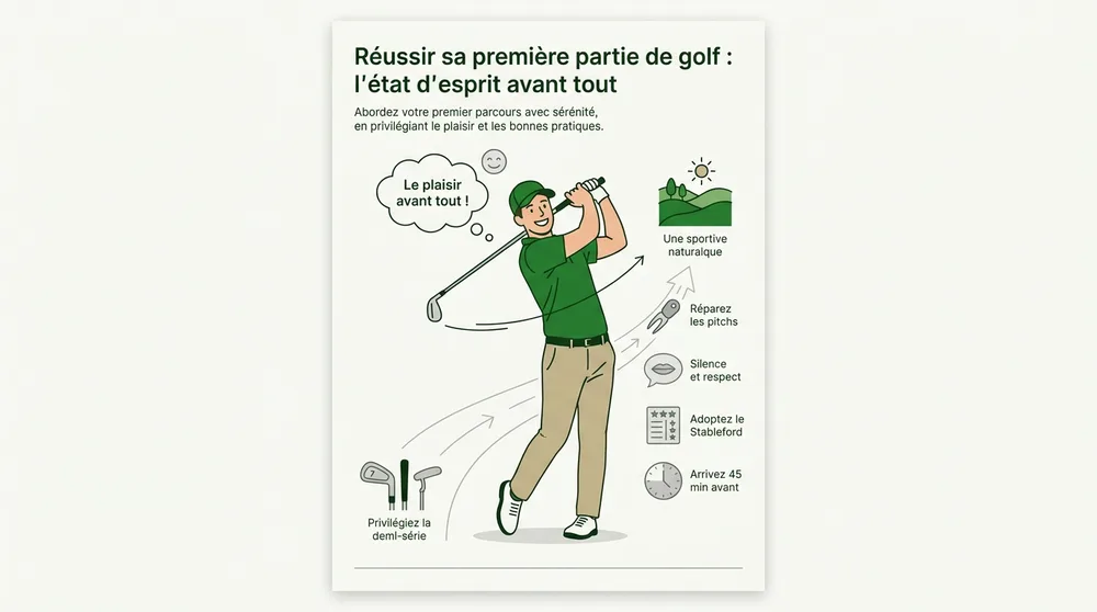 Infographie : réussir sa première partie de golf, l'état d'esprit avant tout — plaisir, étiquette et Stableford