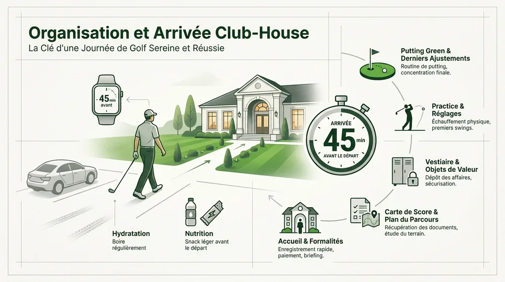 Infographie organisation arrivée club-house golf : 45 min avant le départ, accueil, practice et putting-green