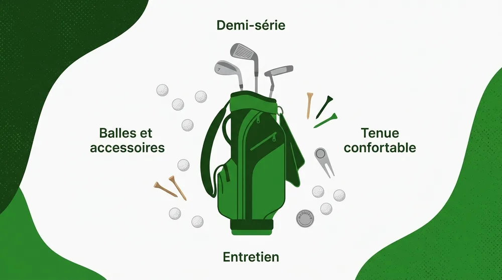 Infographie équipement golf débutant : demi-série, balles, accessoires et tenue pour la première partie