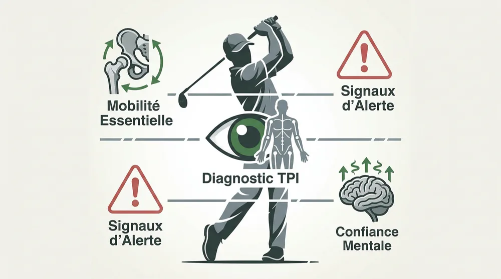 Infographie diagnostic TPI pour reprendre le golf : mobilité essentielle, signaux d'alerte et confiance mentale