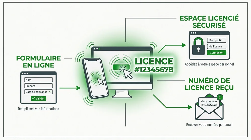 Infographie procédure pour retrouver sa licence de golf : formulaire en ligne, numéro reçu par email et espace licencié sécurisé