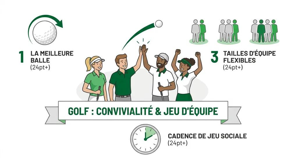 Infographie scramble golf : meilleure balle, tailles d'équipe flexibles et cadence de jeu