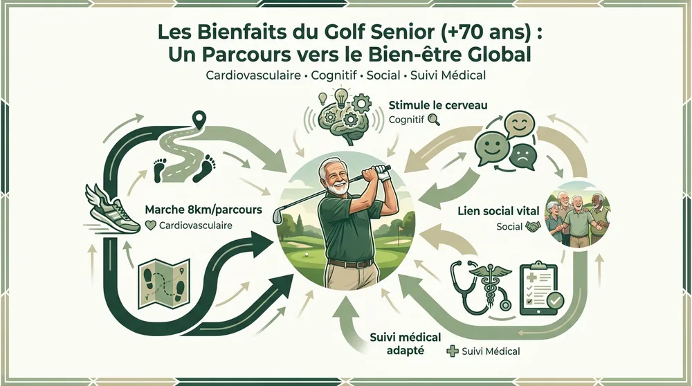 Infographie les bienfaits du golf senior après 70 ans : cardiovasculaire, cognitif, lien social et suivi médical