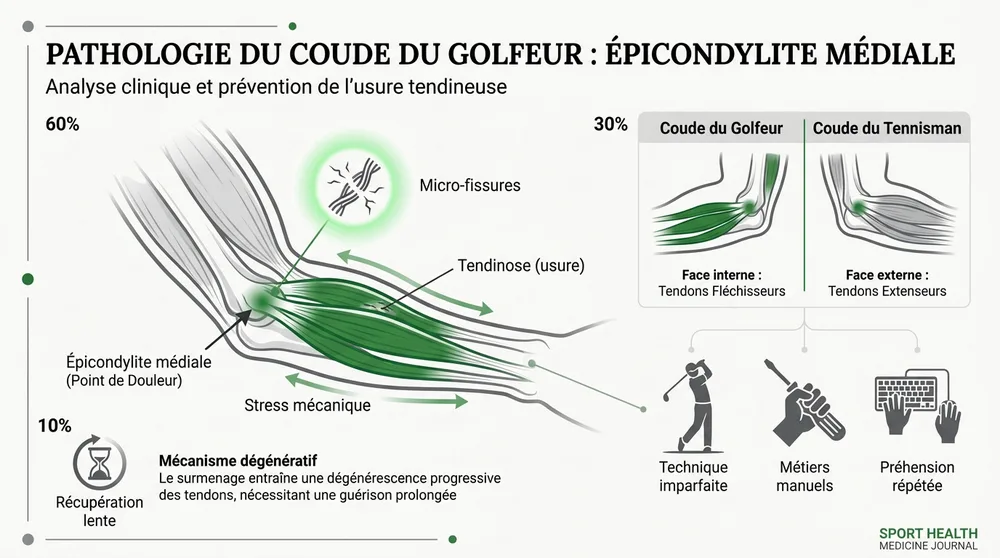 Anatomie du coude montrant la zone de douleur du golf elbow ou épicondylite médiale sur la face interne