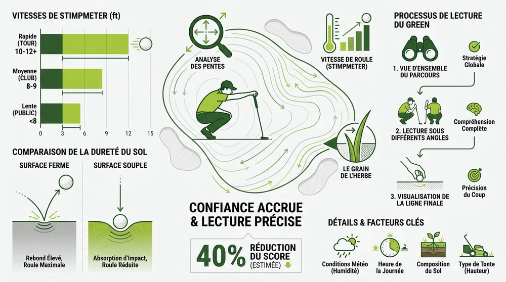 Infographie lire un green au golf : vitesses Stimpmètre, dureté du sol, processus de lecture en 3 étapes et facteurs clés