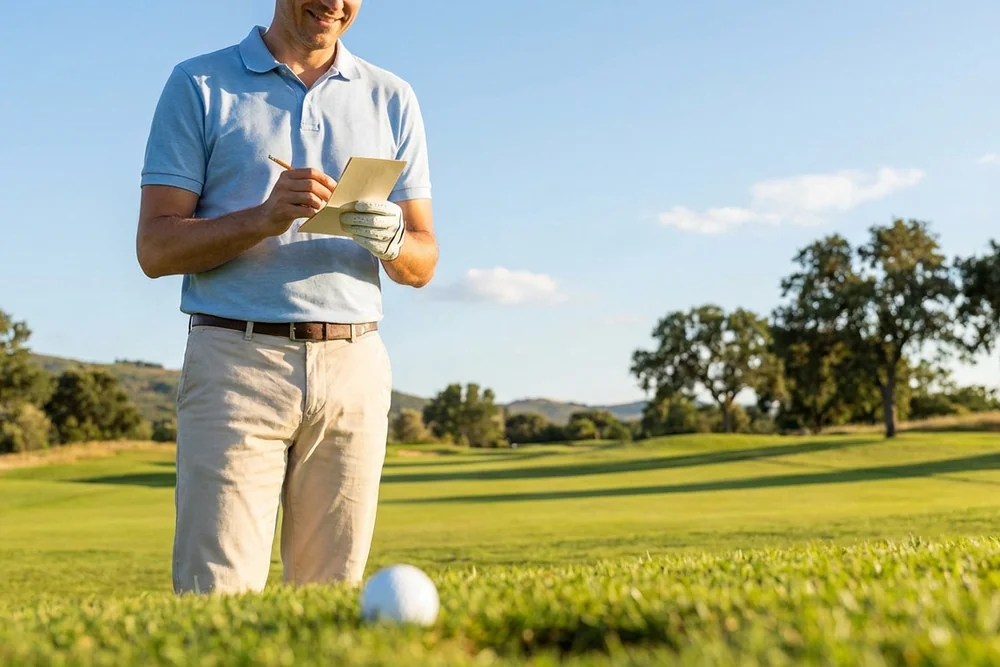 Golfeur remplissant sa carte de score sur un parcours ensoleillé, calcul des coups rendus match play