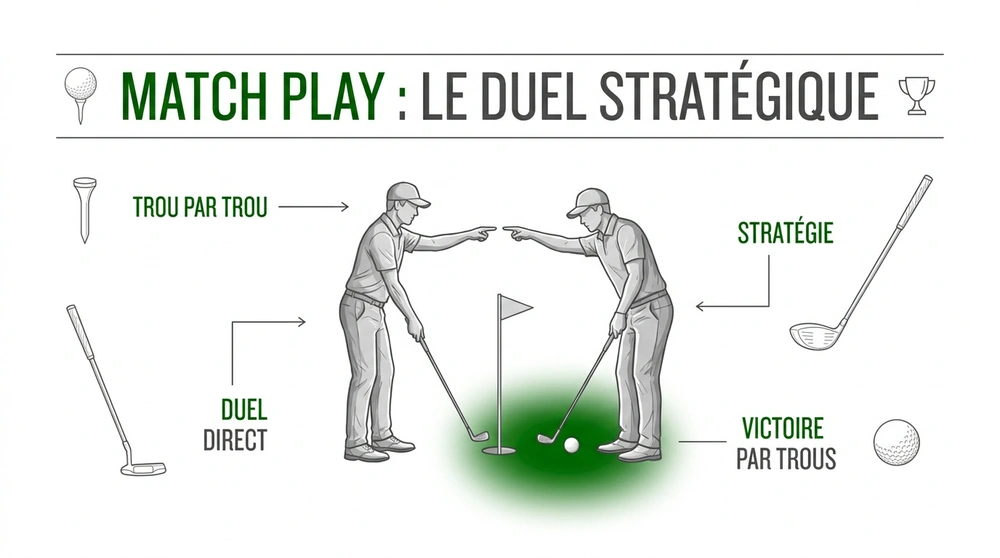 Infographie match play golf, le duel stratégique trou par trou entre deux joueurs