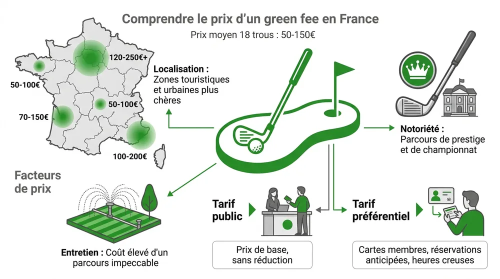Infographie expliquant aux golfeurs comment réserver son green fee à l'accueil d'un club de golf en France