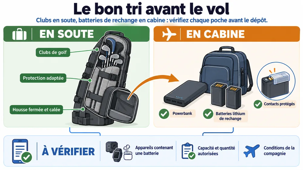 Le bon tri avant le vol. Clubs en soute, batteries de rechange en cabine : vérifiez chaque poche avant le dépôt.