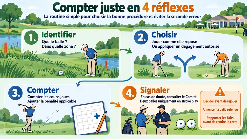 Compter juste en 4 réflexes : la routine simple pour choisir la bonne procédure et éviter la seconde erreur de pénalités au golf