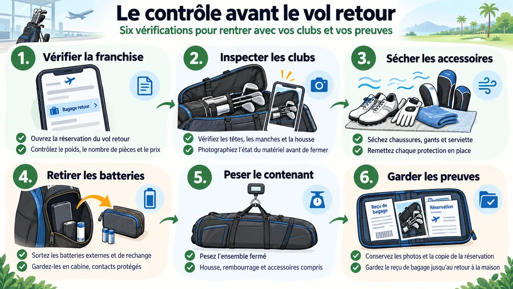 Le contrôle avant le vol retour : six vérifications pour rentrer avec vos clubs et vos preuves